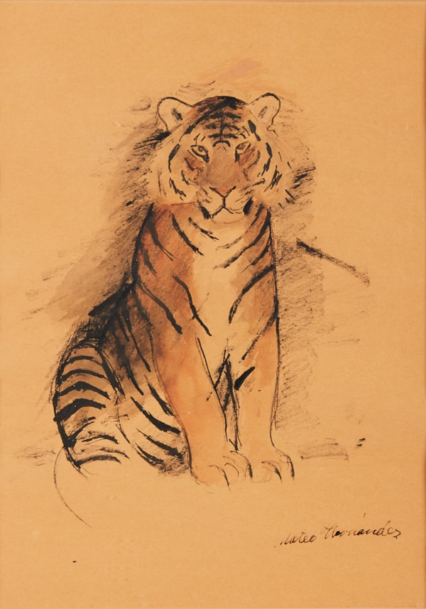 Mateo HERNANDEZ: Tigre du Bengale assis, Plume et encre noire, lavis brun et fusain, sur papier, signé en bas à droite
35.5 x 25.5 cm (14 x 10 inches)- Xavier Eeckhout